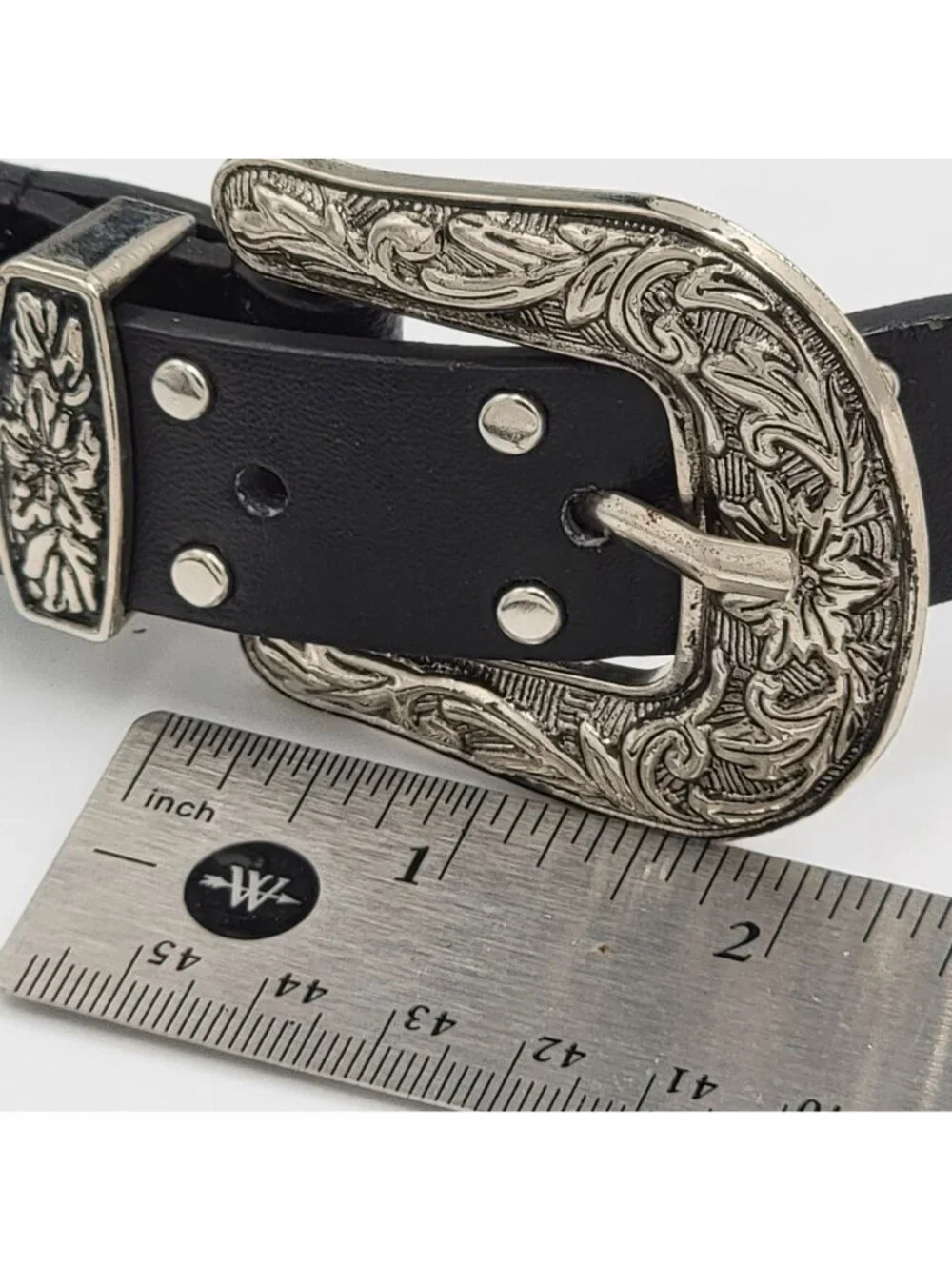 Western-Style Black Leather Belt With Dual Ornate Silver Buckles & Stud Details